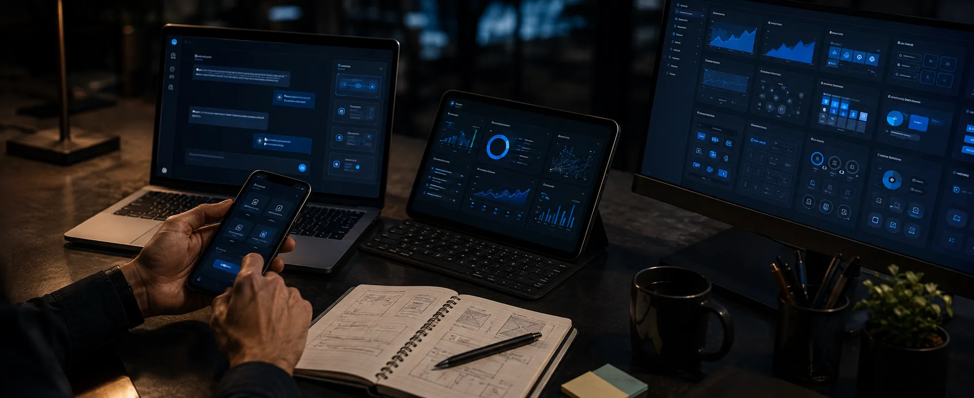Aplicações web em computador, tablet e celular, com planejamento de interfaces sobre a mesa
