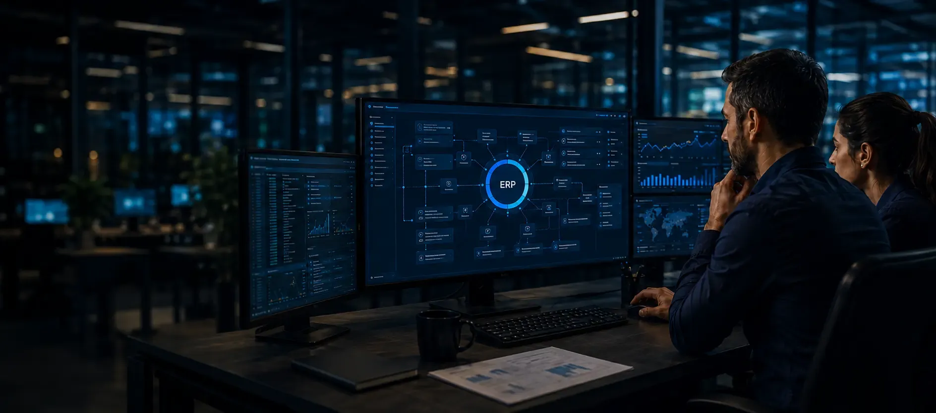 Profissionais analisando processos, integrações e o ambiente técnico de um ERP